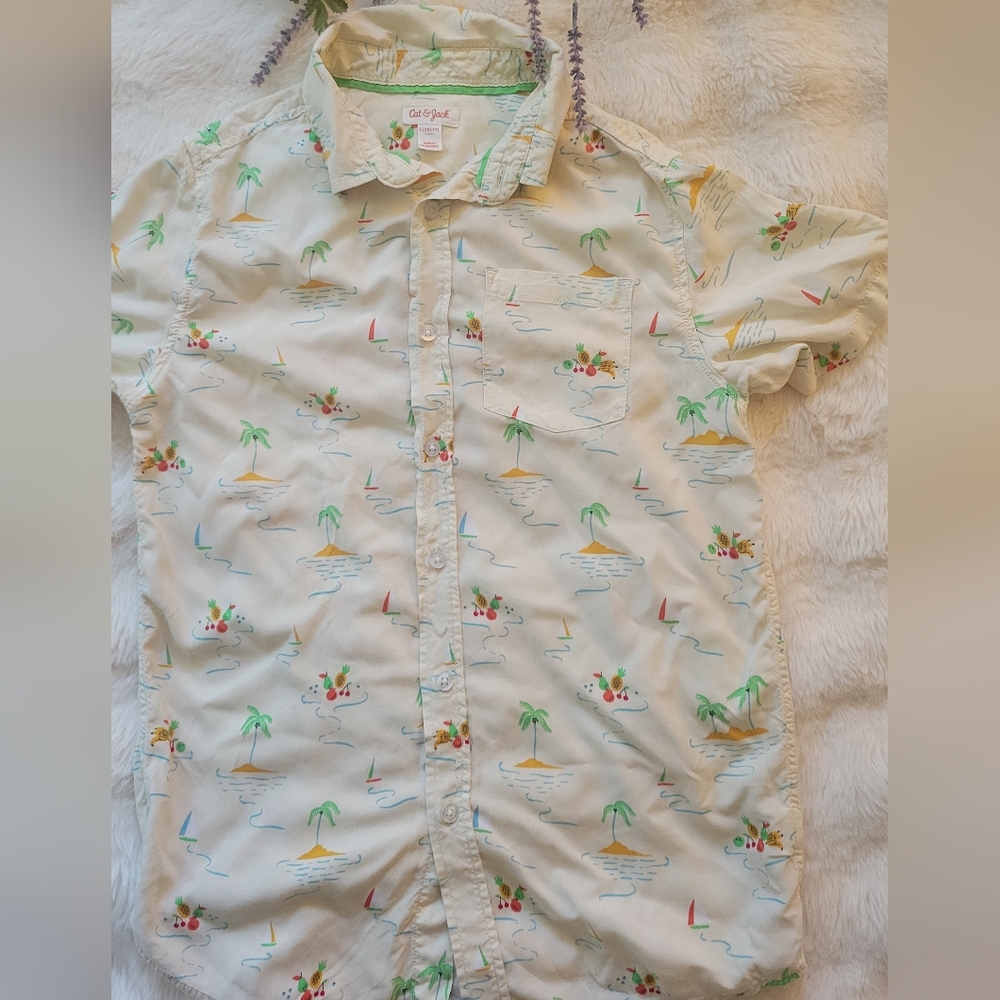 Cat & Jack Cream and Green Casual Button Down Shirt
